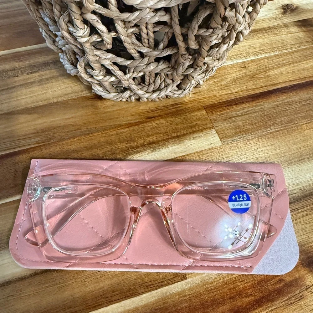 Elegant Women's blue light filter light pink Glasses with Pink Case